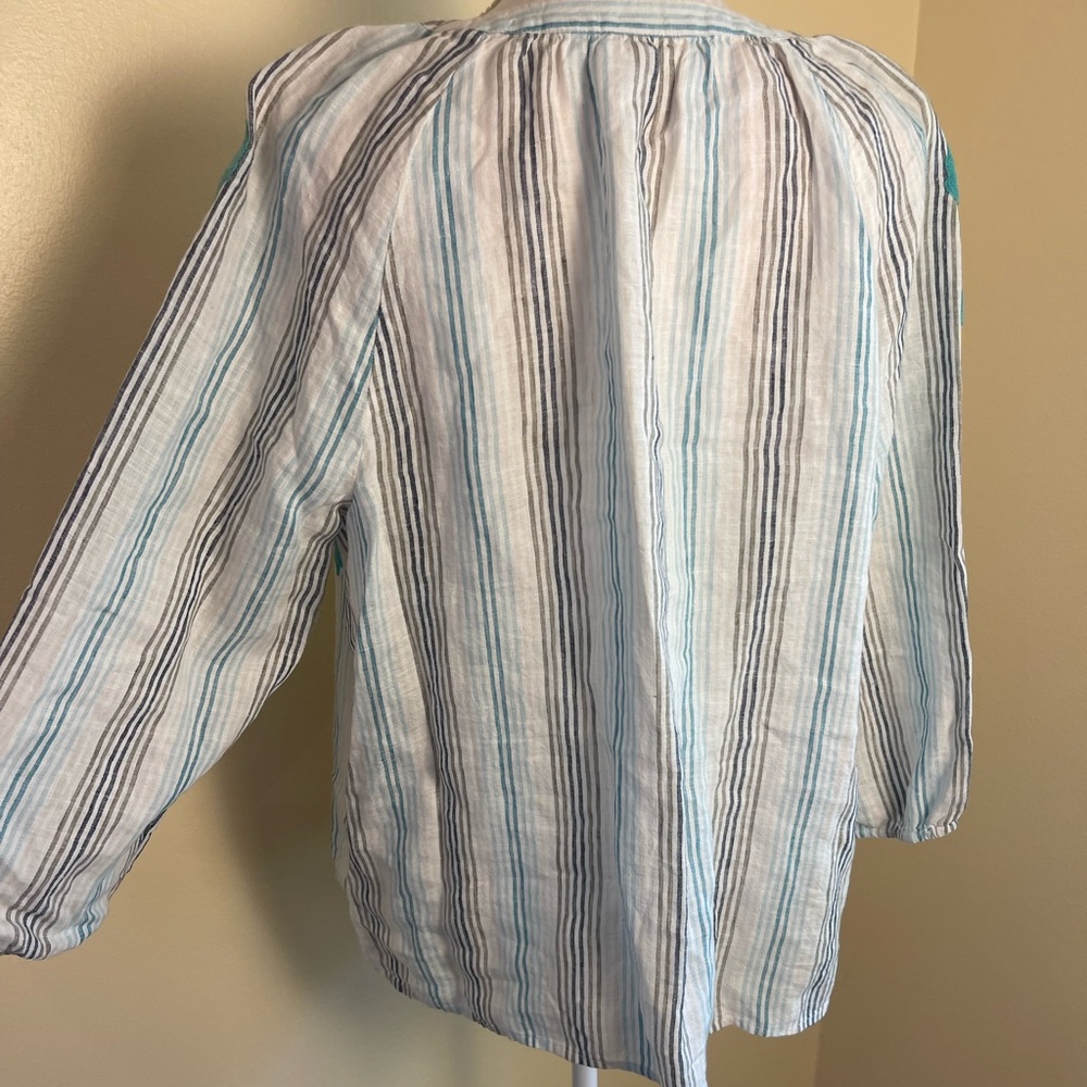 J Jill Love Linen Top L Petit Blue Stripe Embroidery Peasant Blouse Coastal Boho - Picture 12 of 14